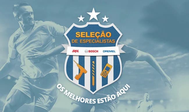 Key visual do programa Seleção de Especialistas da Bosch: escudo de time com ferramentas das marcas Skil, Bosch e Dremel